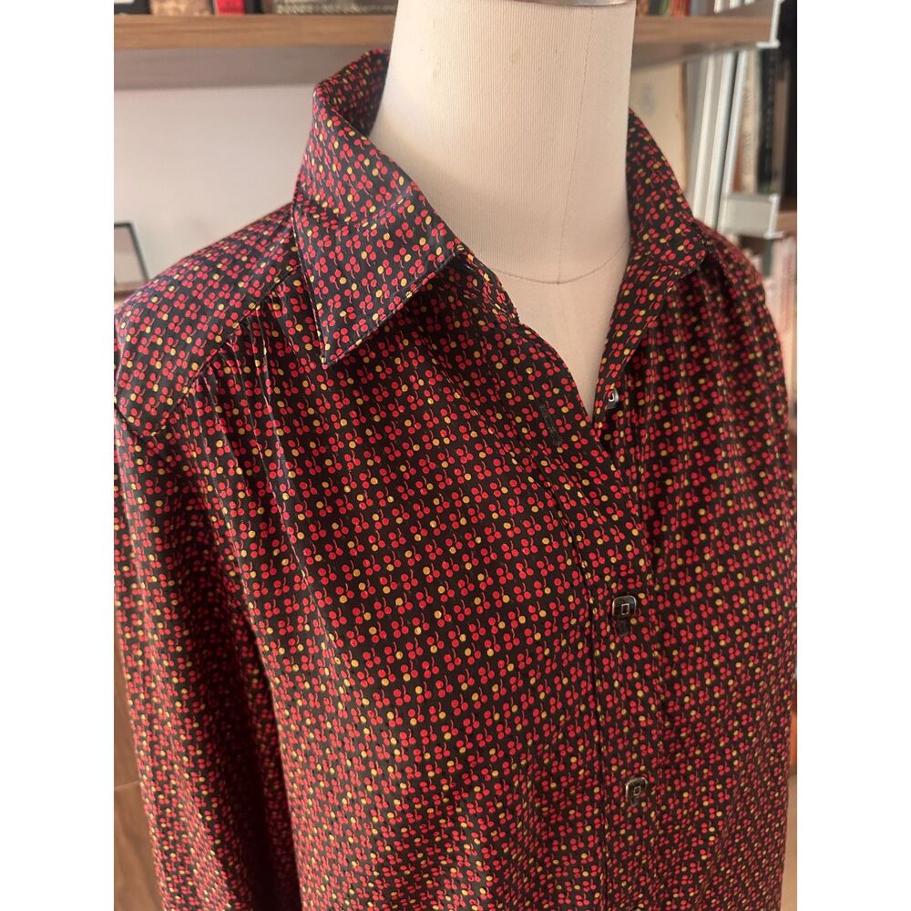 Vintage Cherry Print Blouse 70s 80s Secretary Novelty Silk Feel Top